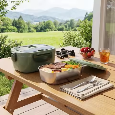 80W Portable Electric Heated Lunch Box Leakproof Stainless Steel Food Warmer 2 Compartments with Car