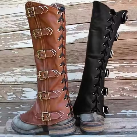 Medieval Renaissance Leather Boots Shoes Cover Viking Knight Leg Shin Guards Armor Gaiters Halloween