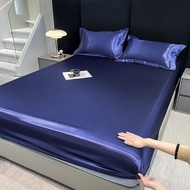 Satin Pure Colour Silky Fitted BedSheet Single Queen King Super King Size ice silk Bedsheet Smooth F