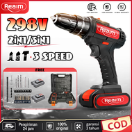 REAIM Mesin bor Impact Cordless Drill bor cas 2 baterai promo bor tangan tanpa kabel