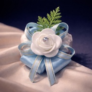 corsage with flowers and pin - dusty blue