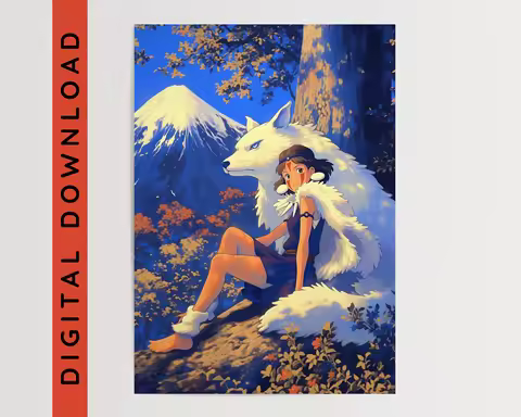 Princess Mononoke, Japanese Tapestry Style • Studio Ghibli Style • Ukiyo-e Inspired • Anime Wall Art