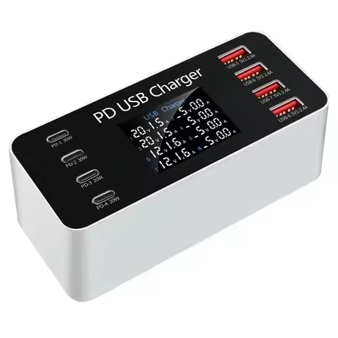 65W Multi PD USB Fast Charger LCD Display 8 Ports USB PD 30W Charging Station for Tablet Smartphone 