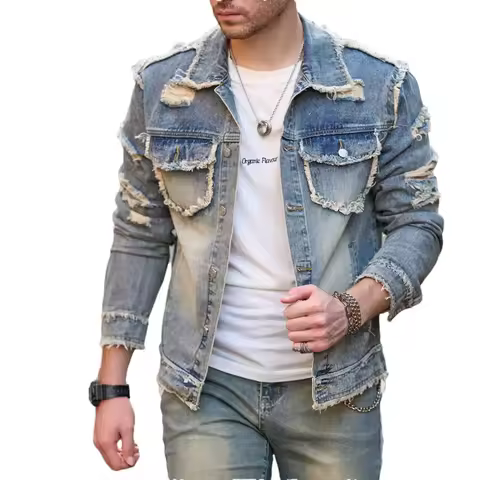 Street Stylish Retro Style Holes Slim Street Denim Jacket Coat Good Quality Distressed Male Casual D