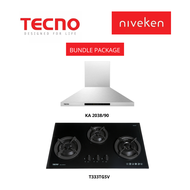 (HOOD + HOB) Tecno KA 2038 (90cm) Chimney Cooker Hood + Tecno T333TGSV (90cm) 3-Burner Tempered Glass Cooker Hob