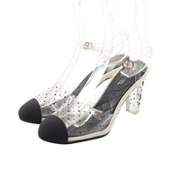 【二手，B級】香奈兒涼鞋，Coco標誌，水鑽，黑色，PVC塗層帆布涼鞋，女款，二手B級