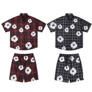 DENIM TEARS Kapok Foam Printed Plaid Short-Sleeved Shirt Summer Men Women Casual Shorts Suit