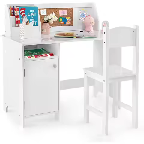 Kids Desk and Chair Set, Wooden Children School Study Table and Chair w/Whiteboard, Hutch, Storage S