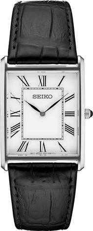 SEIKO Essentials Watch for Men - Essentials Collection - Water Resistant with Stainless Steel Rectangular Case and Leather Strap WHITE - SWR049
