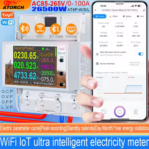 AT4PW AC85-265V 100A Tuya WIFI Din Rail Smart Switch Remote Control Digital Power Energy Volt Amp Kw