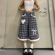 Y2K Style Hearts Bow Lace Patchwork Plaid Flared Shorts Summer Lightweight Casual Pants