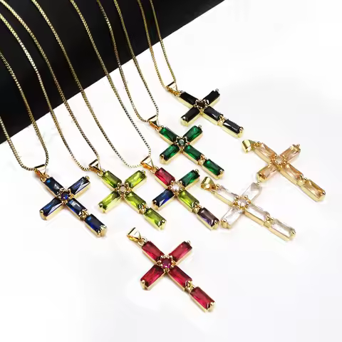 24*37mm Mix Color Cross pendant Brass microlaid Cubic Zirconium Gold plated charm pendant making nec
