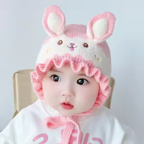 1-2 years old children's rabbit ear embroidered knitted hat
