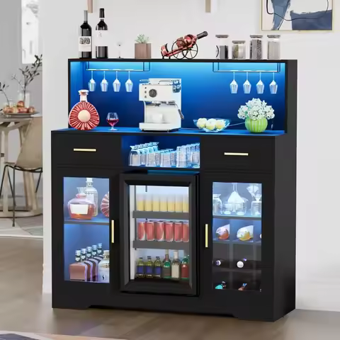 Mini Fridge Cabinet with Storage LED Light Power Outlet Coffee Bar Buffet Sideboard for Living Room 