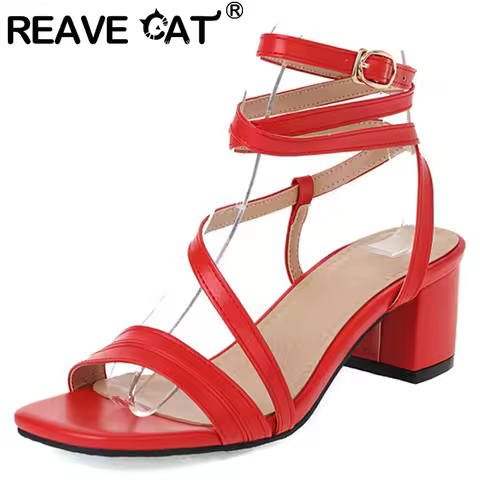 REAVE CAT 2022 Women Shoes Sandals Peep Toe Ankle Strap Block Heels Fashion Big Size 30-52 Black Whi