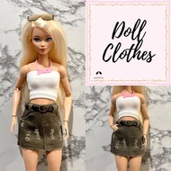 [READY STOCK] Skater Grunge - 1:6 Doll Outfit Handmade Distressed Olive Skirt with Attached Belt