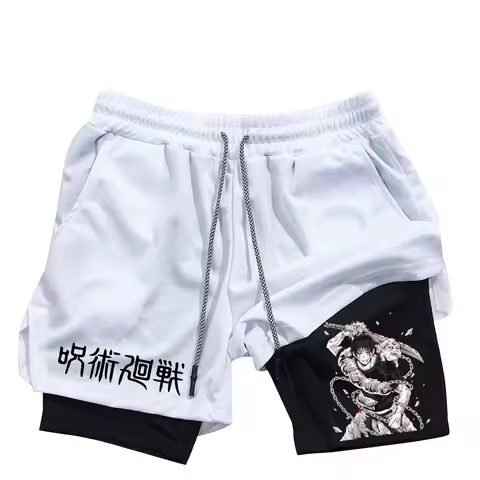 Anime printed shorts spell war print men's casual sports shorts fitness running 2-in-1 sports shorts