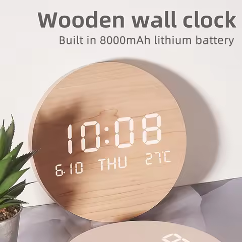 LED Digital Wooden Wall Clock Temperature Date Time Display Wall Mounted Alarm Clock USB Charging Cr