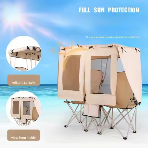 Outdoor Camping Leisure Double Folding Chair Fishing Beach Chair Integrated Awning Canopy Director's