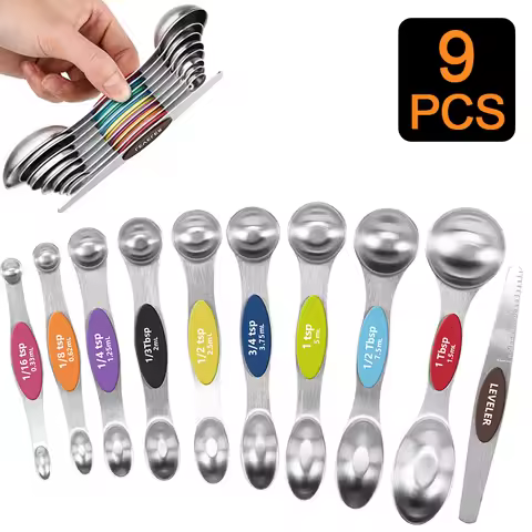 Double Headed Stainless Steel Measuring Spoons 9-piece Set with Magnetic Suction and Scale Measuring