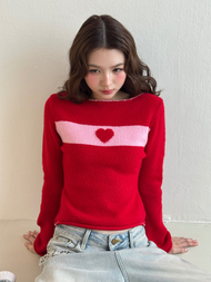 [ML pre-order] HEARTEYES - LONG SLEEVE TOP - CHERRI | เสื้อ แขนยาว กันหนาว ผ้านิท ไหมพรม สีแดง
