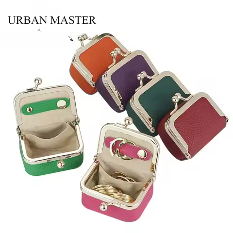 URBAN MASTER Genuine Leather Mini Jewelry Coin Purse Solid Color Kiss Lock Change Pouch Casual Small