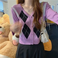 0Argyle Print Button Front Crop Cardigan Long Sleeves Knitted Cardigan Sweater Casual