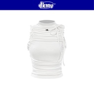 DKMV women's white high-collar crop Top with ruffles along both sides of the pretty figure-hugging K