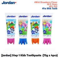 [Jordan] Step 1 Kids Toothpaste 0-5 Years (75g x 4pcs) #Mild Strawberry Flavor #Stronger Teeth #Milk