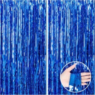 3pcs-Metallic Dark Blue Background Curtains, Baby Blue Party Decorations, Foil Tassel Flutter Ribbon