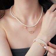 Korean version diamond studded letter CD pearl necklace for women, double layered and high-end colla