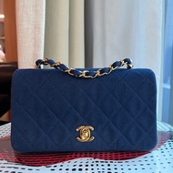 香奈兒 CHANEL 稀有海軍藍老香 中古包 迷你牛仔24K金鏈斜背包 丹寧帆布 翻蓋包