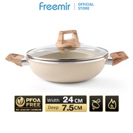 freemir Panci Hitam/Beige Diameter 24cm Kedalaman 7.5 cm dengan Tutup Kaca dan Gagang Kayu Panci Ant