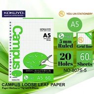 Kokuyo N-807S-5 Campus Loose Leaf Paper -GRID LINE -20 holes- A5 (60 Sheets)