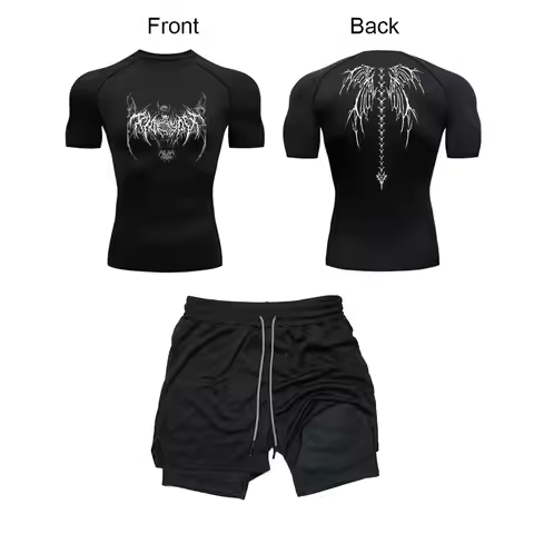 Men's Y2K Skeleton Print Sportswear Tracksuit Gym Compression Shirts + 2 in 1 Performance Shorts Sum