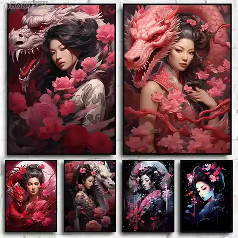 Japanese Dragon Geisha Art Poster Canvas Wall Art Paintings Elegance of Geisha Pictures Wall Art Mur