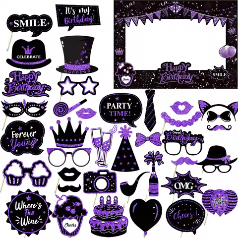 1/38/39pcs purple glitter Birthday Frame Photobooth Prop For Gilr Boy Men Women birthday Party Decor
