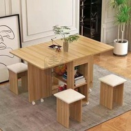 包送貨 -家用折疊餐桌 可移動伸縮餐桌 簡易小戶型多功能桌椅 多功能折疊茶機 變大餐桌 兩用摺疊桌子餐桌 長方形軟包（淺胡桃） 長120寬60高77陞級加厚白輪
