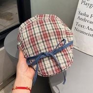 日系復古牛仔蝴蝶結前進帽子女春秋格子紅色貝雷帽畫家帽夏季薄款