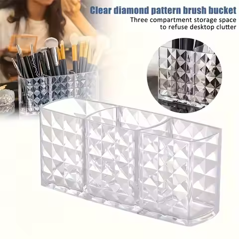 3-Piece High-Value Beauty Storage Set, Diamond Three-Compartment Transparent Makeup Brush Holder + 2