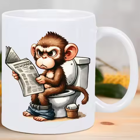 Funny Monkey on Toilet Ceramic Coffee Mug – Reusable, Hand-Wash Only – Humorous Cartoon Design with 