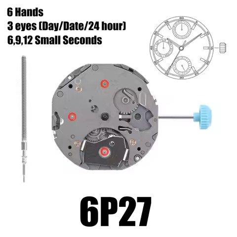 Japan 6P27 Movement Miyota 6P27 Movement 6 Hands 6:00 9:00 12:00 Small seconds (Day/Date/24 hour)Siz