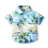 BabyThame เสื้อเชิ๊ตแขนสั้นฮาวายผ้าพิมพ์ลายต้นมะพร้าวชายหาดสีฟ้า สุดฮิต ชุดหน้าร้อน อากาศเมืองไทย