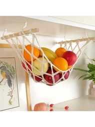 1入組水果吊掛網，掛式水果籃，廚房櫥櫃下的蔬果儲存，香蕉掛鉤，編織波西米亞風現代風格，附4個鉤子，廚房用品