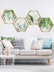 Conjunto de 4 etiquetas de pared hexagonales de follaje fresco con respaldo adhesivo para decoración de sala de estar y dormitorio, PVC