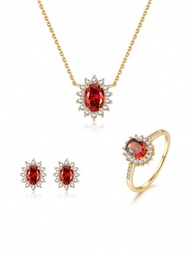 S925純銀鍍18k黃金,紅寶石戒指、耳環和項鍊套裝,精美復古,簡單百搭,石榴石紅色吊墜