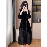 Slimming Velvet Sequin Gauze Dress - Stylish Long Skirt
