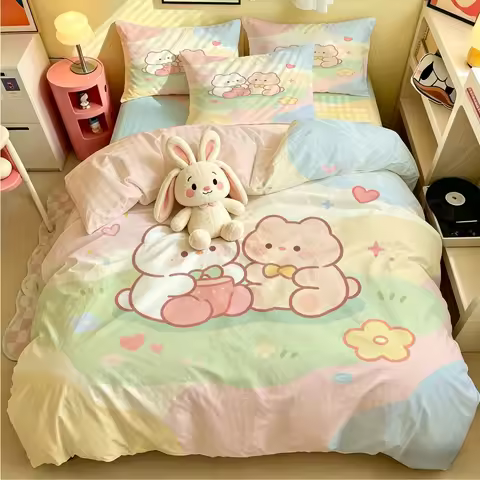 Kawaii Rabbit Bedding Set for Kids Ins Twin Queen Size Duvet Cover Flat Sheet Pillowcase No Filler G