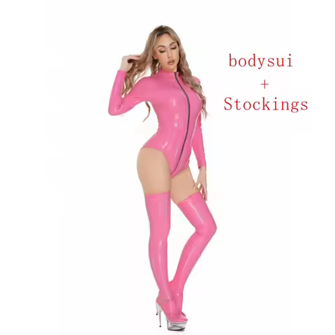 Women Zipper Latex Bodysuit Pink Shiny Leather Catsuit One-piece High-cut Bodycon Tights Jumpsuit Cl