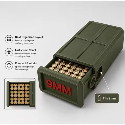3D Printed 9mm Compact Drawer Ammo Box 50 Rounds Durable Stackable Ammunition Storage Organizer for 